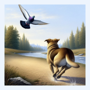 A pigeon in the upper left corner and a dog in the lower left corner. Viewers should only see 1